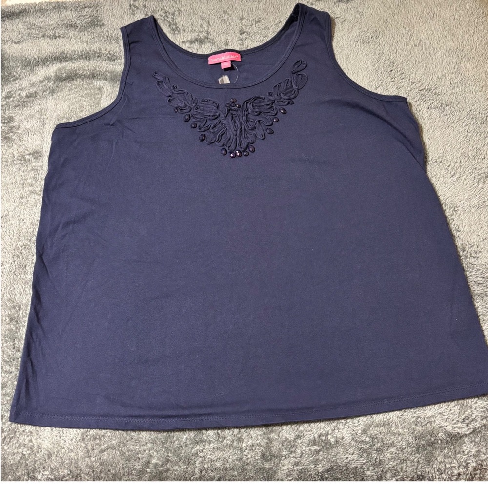 Woman Within Tank Top Women 1X Navy Blue NWOT Beaded Applique Scoop Neck